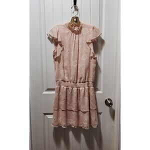 Express Drop Waist Sheer Dress Size S Flutter Sleeve Pink Cream Spring Summer